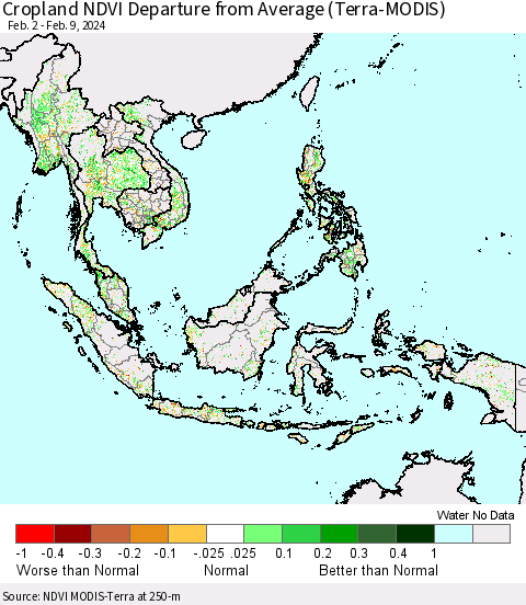 South East Asia Cropland NDVI Departure from Average (Terra-MODIS) Thematic Map For 2/2/2024 - 2/9/2024