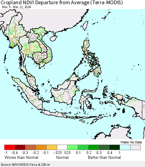 South East Asia Cropland NDVI Departure from Average (Terra-MODIS) Thematic Map For 3/5/2024 - 3/12/2024