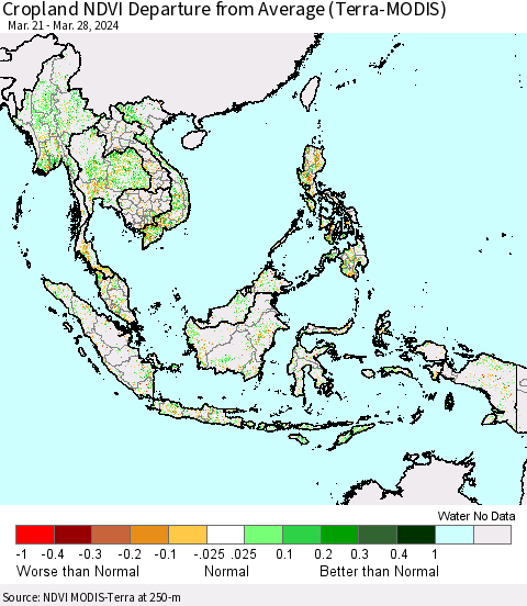 South East Asia Cropland NDVI Departure from Average (Terra-MODIS) Thematic Map For 3/21/2024 - 3/28/2024