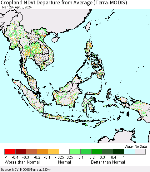 South East Asia Cropland NDVI Departure from Average (Terra-MODIS) Thematic Map For 3/29/2024 - 4/5/2024