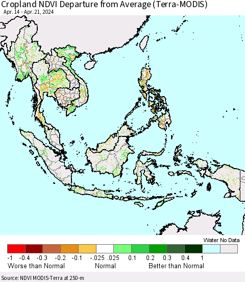 South East Asia Cropland NDVI Departure from Average (Terra-MODIS) Thematic Map For 4/14/2024 - 4/21/2024