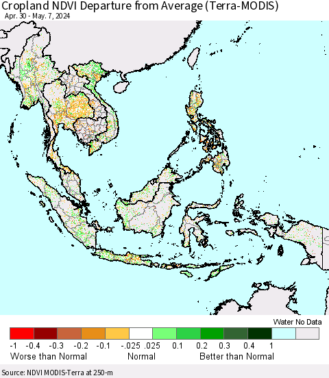South East Asia Cropland NDVI Departure from Average (Terra-MODIS) Thematic Map For 4/30/2024 - 5/7/2024