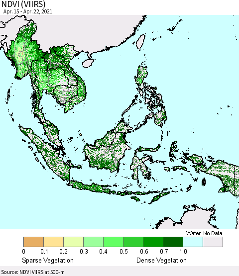 South East Asia NDVI (VIIRS) Thematic Map For 4/15/2021 - 4/22/2021