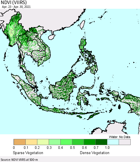 South East Asia NDVI (VIIRS) Thematic Map For 4/23/2021 - 4/30/2021