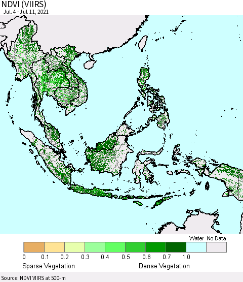 South East Asia NDVI (VIIRS) Thematic Map For 7/4/2021 - 7/11/2021