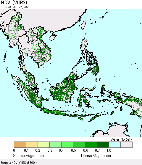 South East Asia NDVI (VIIRS) Thematic Map For 7/20/2021 - 7/27/2021