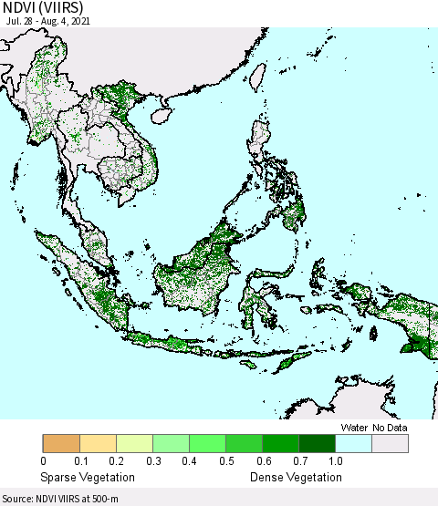 South East Asia NDVI (VIIRS) Thematic Map For 7/28/2021 - 8/4/2021