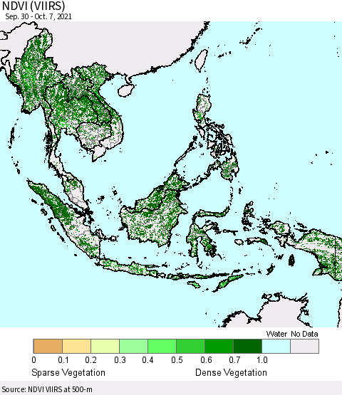 South East Asia NDVI (VIIRS) Thematic Map For 9/30/2021 - 10/7/2021