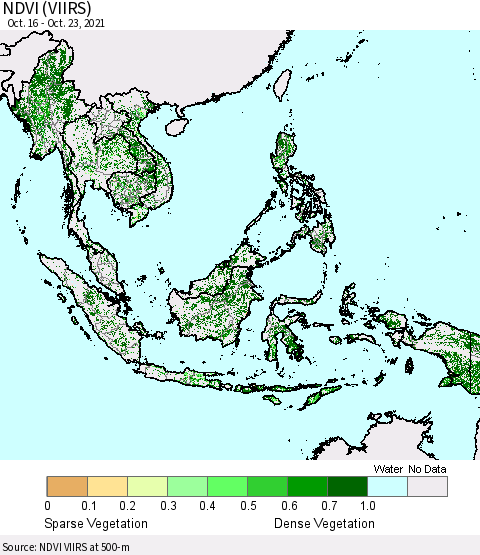 South East Asia NDVI (VIIRS) Thematic Map For 10/16/2021 - 10/23/2021