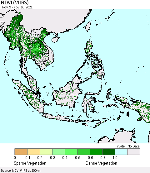 South East Asia NDVI (VIIRS) Thematic Map For 11/9/2021 - 11/16/2021