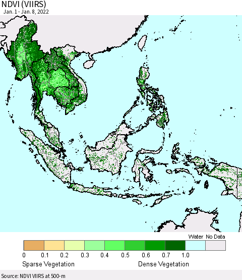South East Asia NDVI (VIIRS) Thematic Map For 1/1/2022 - 1/8/2022