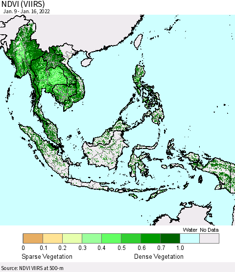 South East Asia NDVI (VIIRS) Thematic Map For 1/9/2022 - 1/16/2022