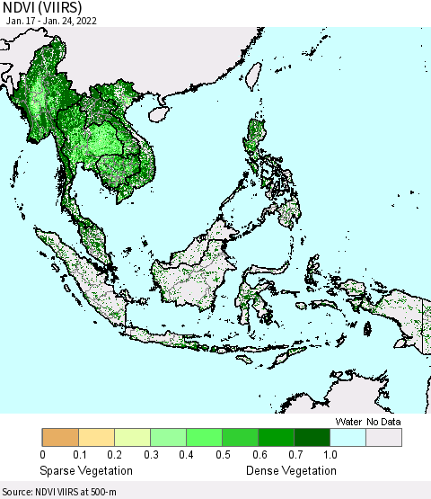 South East Asia NDVI (VIIRS) Thematic Map For 1/17/2022 - 1/24/2022