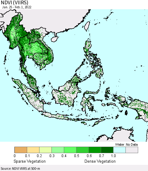 South East Asia NDVI (VIIRS) Thematic Map For 1/25/2022 - 2/1/2022