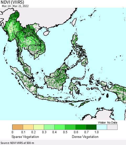 South East Asia NDVI (VIIRS) Thematic Map For 3/14/2022 - 3/21/2022