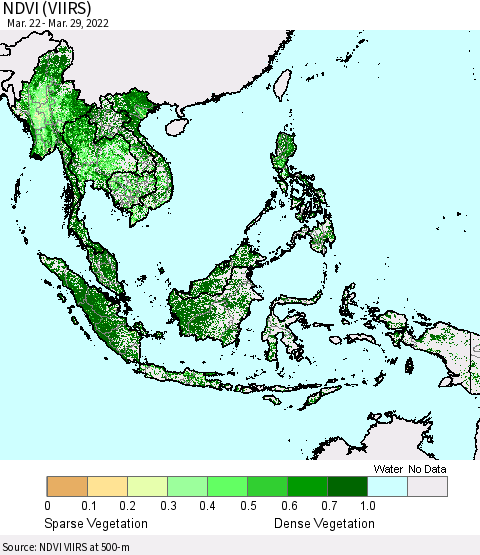 South East Asia NDVI (VIIRS) Thematic Map For 3/22/2022 - 3/29/2022