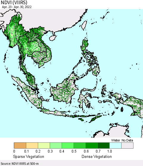 South East Asia NDVI (VIIRS) Thematic Map For 4/23/2022 - 4/30/2022