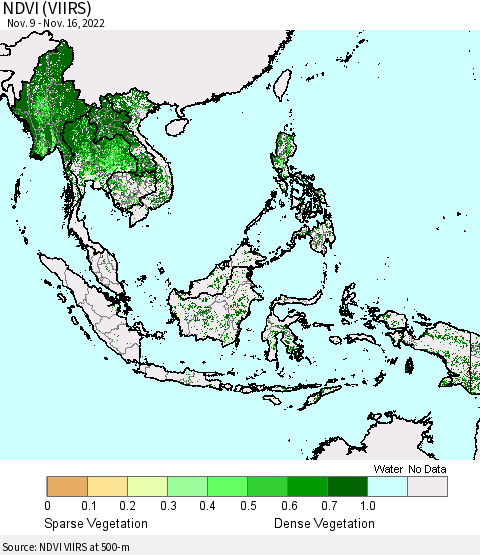 South East Asia NDVI (VIIRS) Thematic Map For 11/9/2022 - 11/16/2022