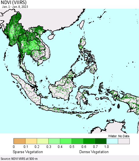 South East Asia NDVI (VIIRS) Thematic Map For 1/1/2023 - 1/8/2023