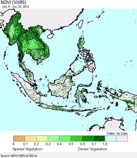 South East Asia NDVI (VIIRS) Thematic Map For 1/9/2023 - 1/16/2023