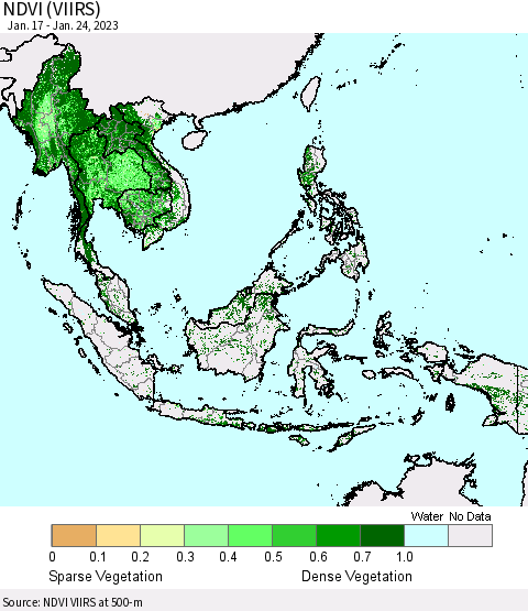 South East Asia NDVI (VIIRS) Thematic Map For 1/17/2023 - 1/24/2023