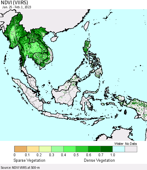 South East Asia NDVI (VIIRS) Thematic Map For 1/25/2023 - 2/1/2023