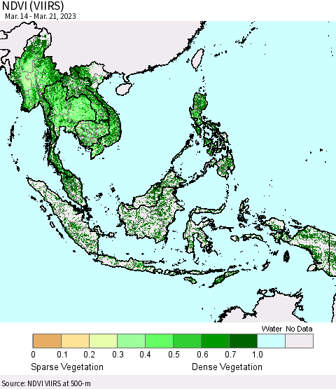 South East Asia NDVI (VIIRS) Thematic Map For 3/14/2023 - 3/21/2023