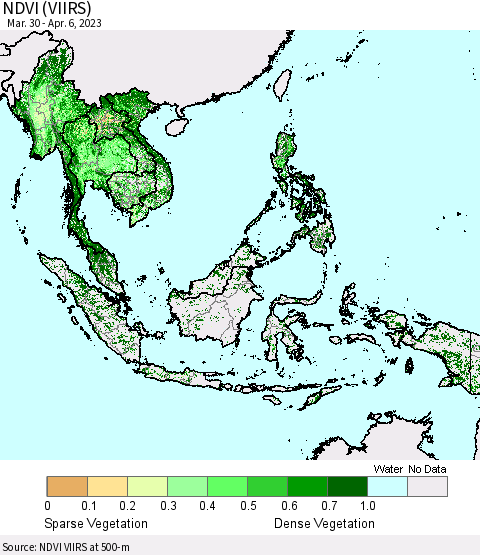 South East Asia NDVI (VIIRS) Thematic Map For 3/30/2023 - 4/6/2023