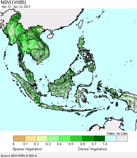 South East Asia NDVI (VIIRS) Thematic Map For 4/15/2023 - 4/22/2023