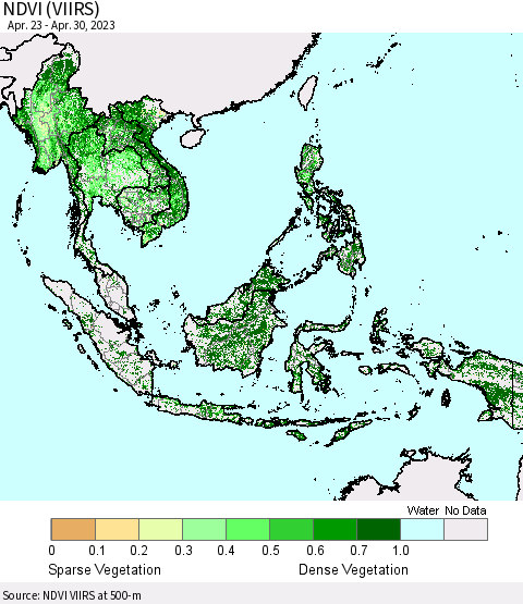 South East Asia NDVI (VIIRS) Thematic Map For 4/23/2023 - 4/30/2023