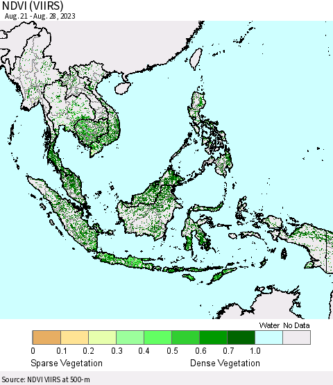 South East Asia NDVI (VIIRS) Thematic Map For 8/21/2023 - 8/28/2023