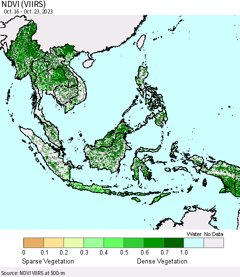 South East Asia NDVI (VIIRS) Thematic Map For 10/16/2023 - 10/23/2023