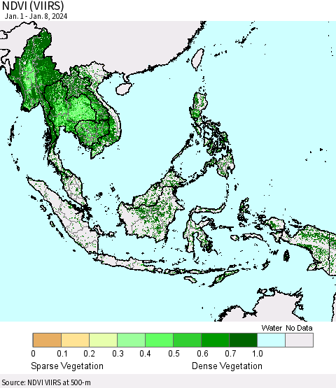 South East Asia NDVI (VIIRS) Thematic Map For 1/1/2024 - 1/8/2024