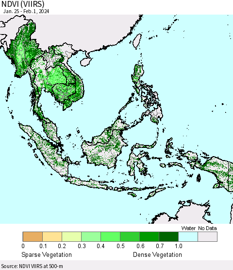 South East Asia NDVI (VIIRS) Thematic Map For 1/25/2024 - 2/1/2024