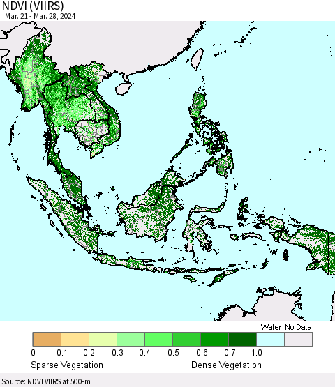 South East Asia NDVI (VIIRS) Thematic Map For 3/21/2024 - 3/28/2024