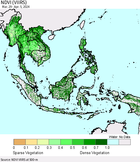 South East Asia NDVI (VIIRS) Thematic Map For 3/29/2024 - 4/5/2024