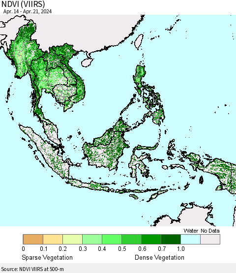 South East Asia NDVI (VIIRS) Thematic Map For 4/14/2024 - 4/21/2024