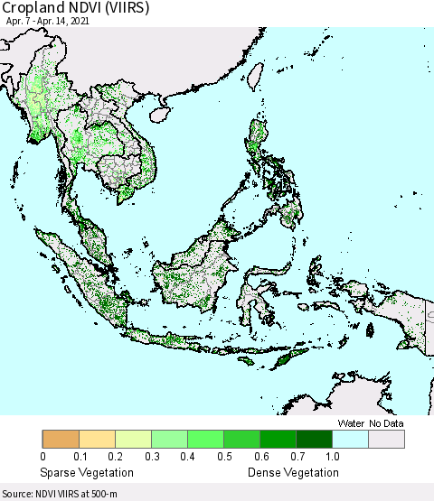 South East Asia Cropland NDVI (VIIRS) Thematic Map For 4/7/2021 - 4/14/2021