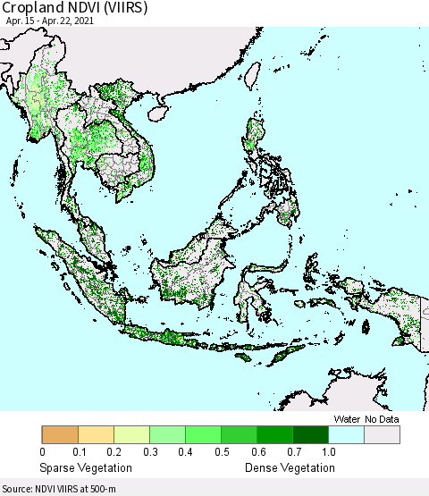 South East Asia Cropland NDVI (VIIRS) Thematic Map For 4/15/2021 - 4/22/2021