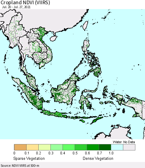 South East Asia Cropland NDVI (VIIRS) Thematic Map For 7/20/2021 - 7/27/2021