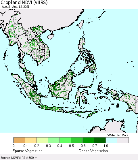South East Asia Cropland NDVI (VIIRS) Thematic Map For 8/5/2021 - 8/12/2021