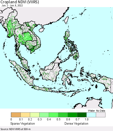 South East Asia Cropland NDVI (VIIRS) Thematic Map For 1/1/2022 - 1/8/2022