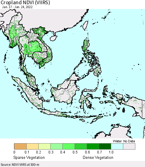 South East Asia Cropland NDVI (VIIRS) Thematic Map For 1/17/2022 - 1/24/2022