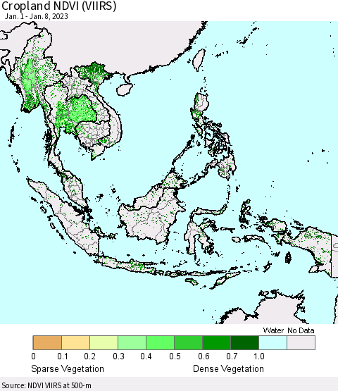 South East Asia Cropland NDVI (VIIRS) Thematic Map For 1/1/2023 - 1/8/2023