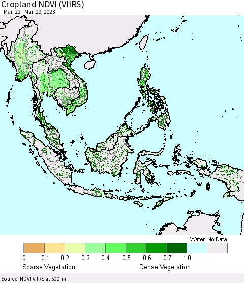 South East Asia Cropland NDVI (VIIRS) Thematic Map For 3/22/2023 - 3/29/2023