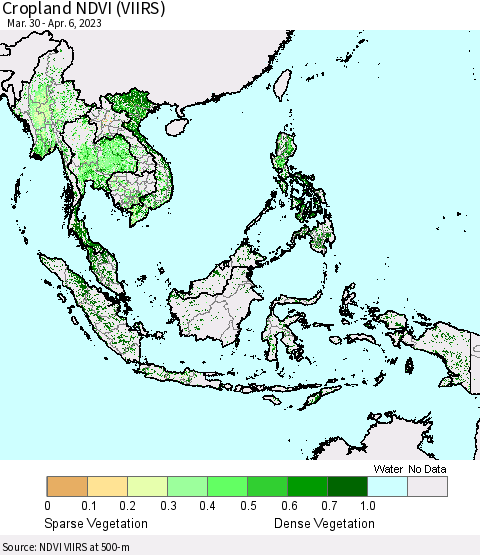 South East Asia Cropland NDVI (VIIRS) Thematic Map For 3/30/2023 - 4/6/2023