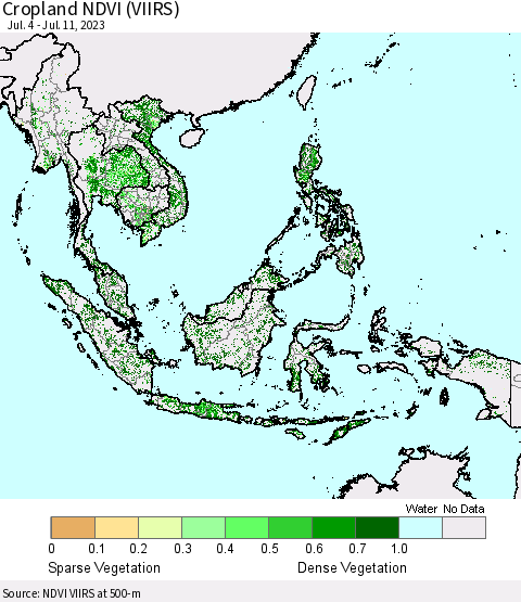 South East Asia Cropland NDVI (VIIRS) Thematic Map For 7/4/2023 - 7/11/2023