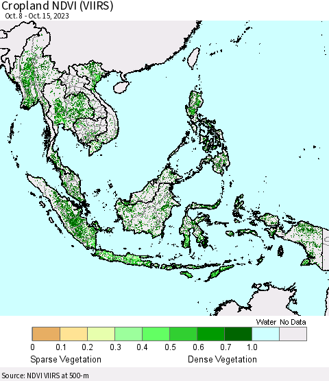 South East Asia Cropland NDVI (VIIRS) Thematic Map For 10/8/2023 - 10/15/2023