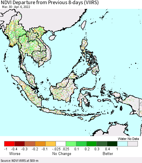 South East Asia NDVI Departure from Previous 8-days (VIIRS) Thematic Map For 3/30/2022 - 4/6/2022