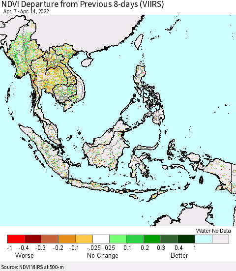 South East Asia NDVI Departure from Previous 8-days (VIIRS) Thematic Map For 4/7/2022 - 4/14/2022